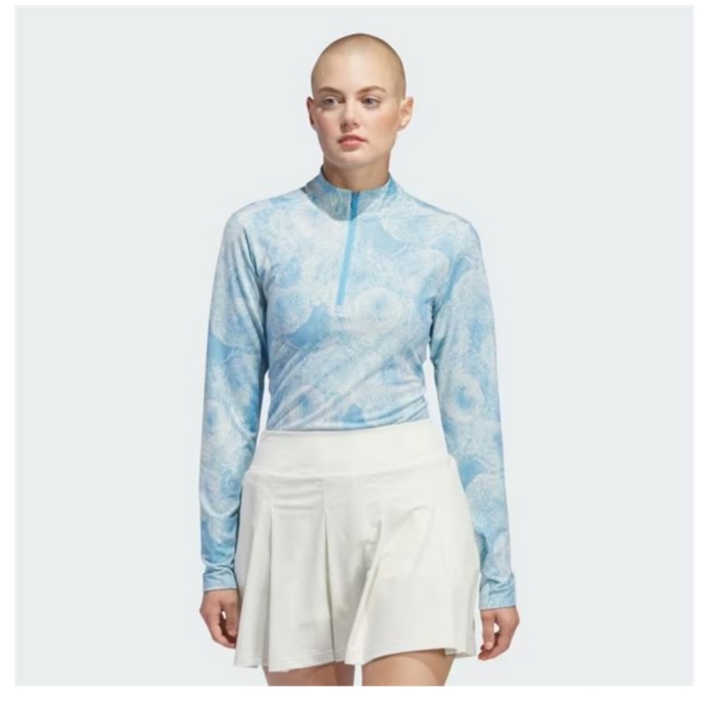 Ladies Adidas Ultimate365 Printed Quarter-Zip Mock Outerwear in Semi Blue Burst!
